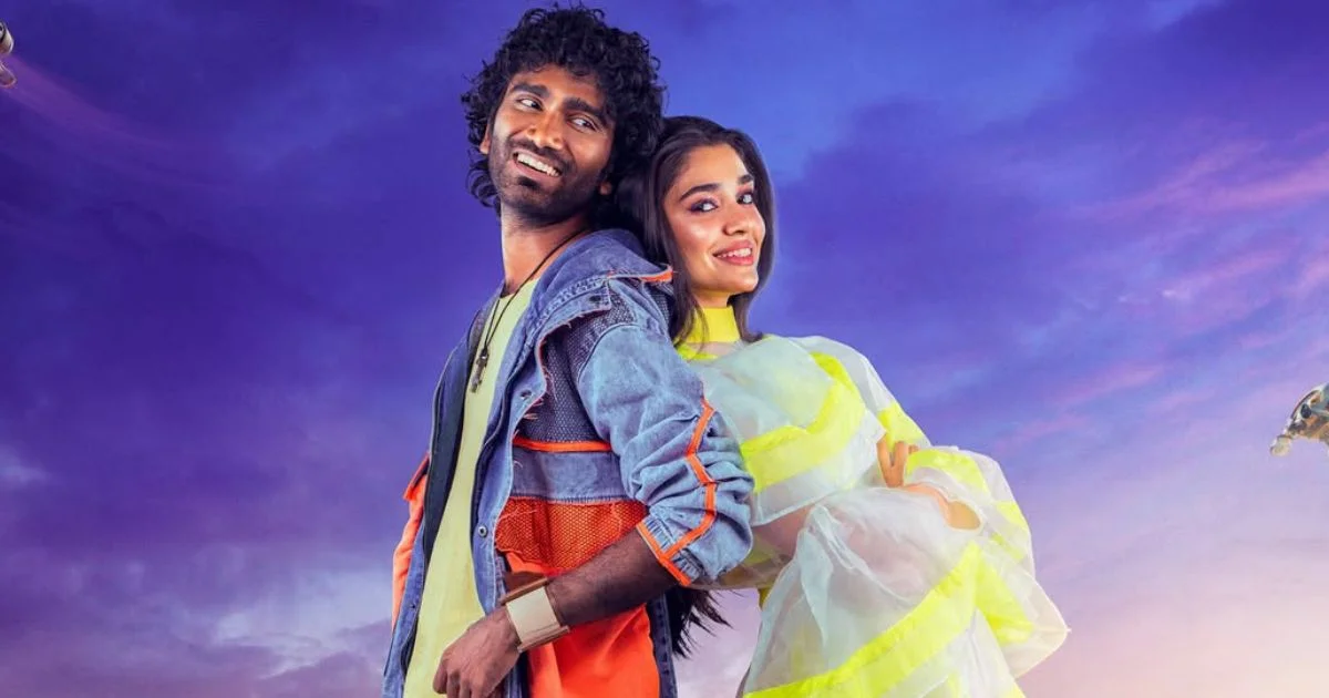 Pradeep Ranganathan and Krithi Shetty in futuristic romantic scene from Love Insurance Kompany