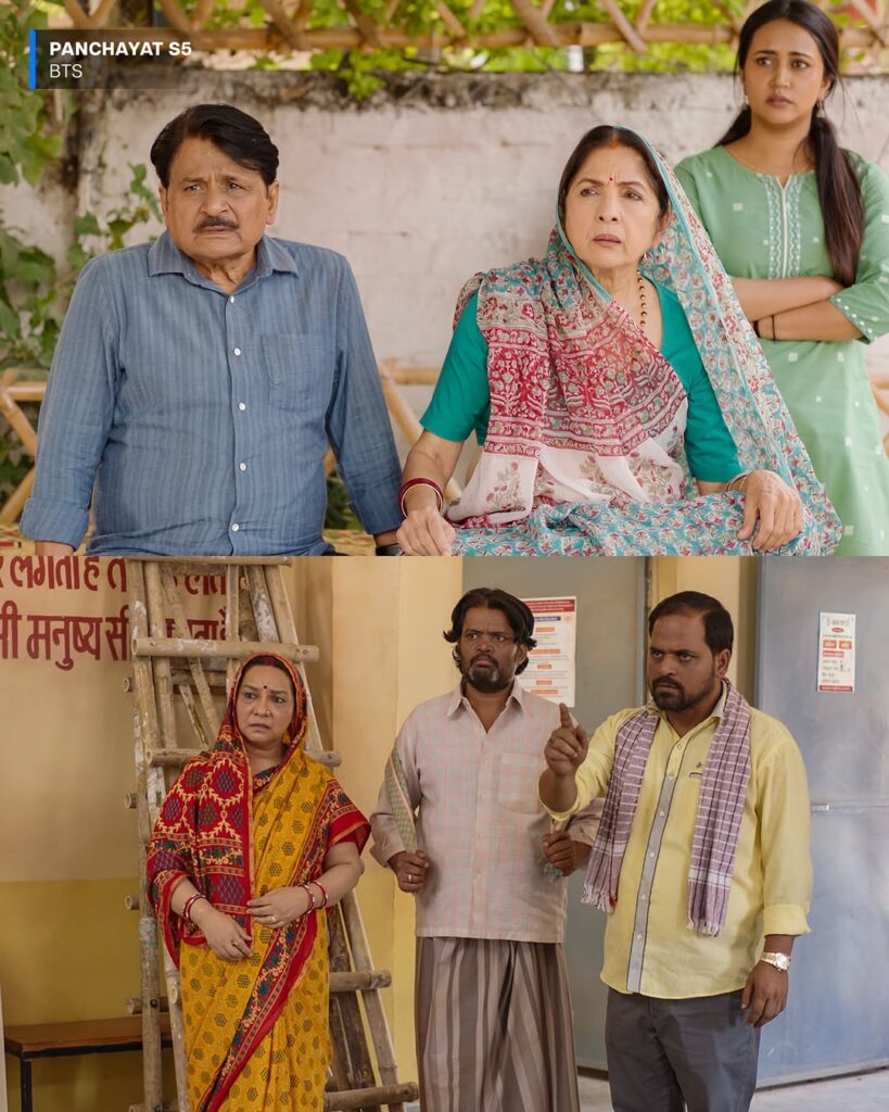 Neena Gupta and Raghubir Yadav sit together on a wooden cot while discussing the script for Panchayat Season 5 in a village setting