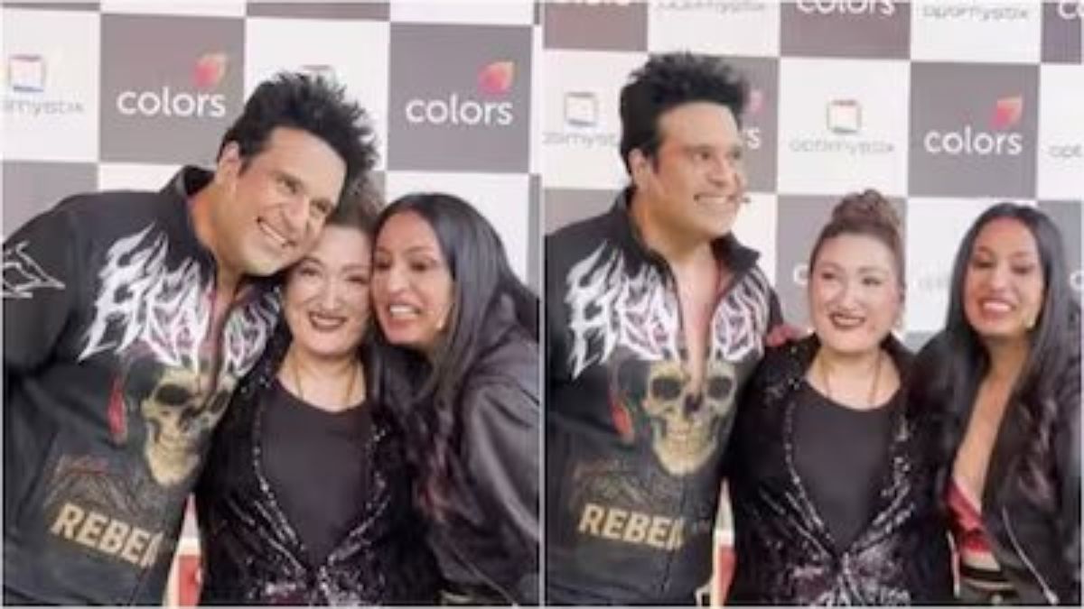 Sunita Ahuja and Krushna Abhishek hugging on the sets of Laughter Chefs