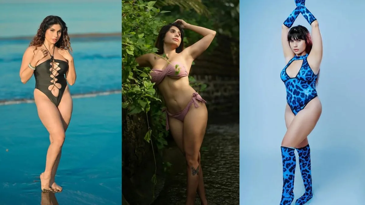 A high-contrast fashion thumbnail featuring Taniya Chatterjee's bold black cut-out dress and blue leopard print outfit comparison