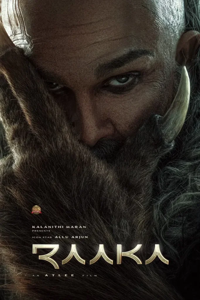 Raaka movie title poster showing Allu Arjun in a fierce, bald look with a robotic claw