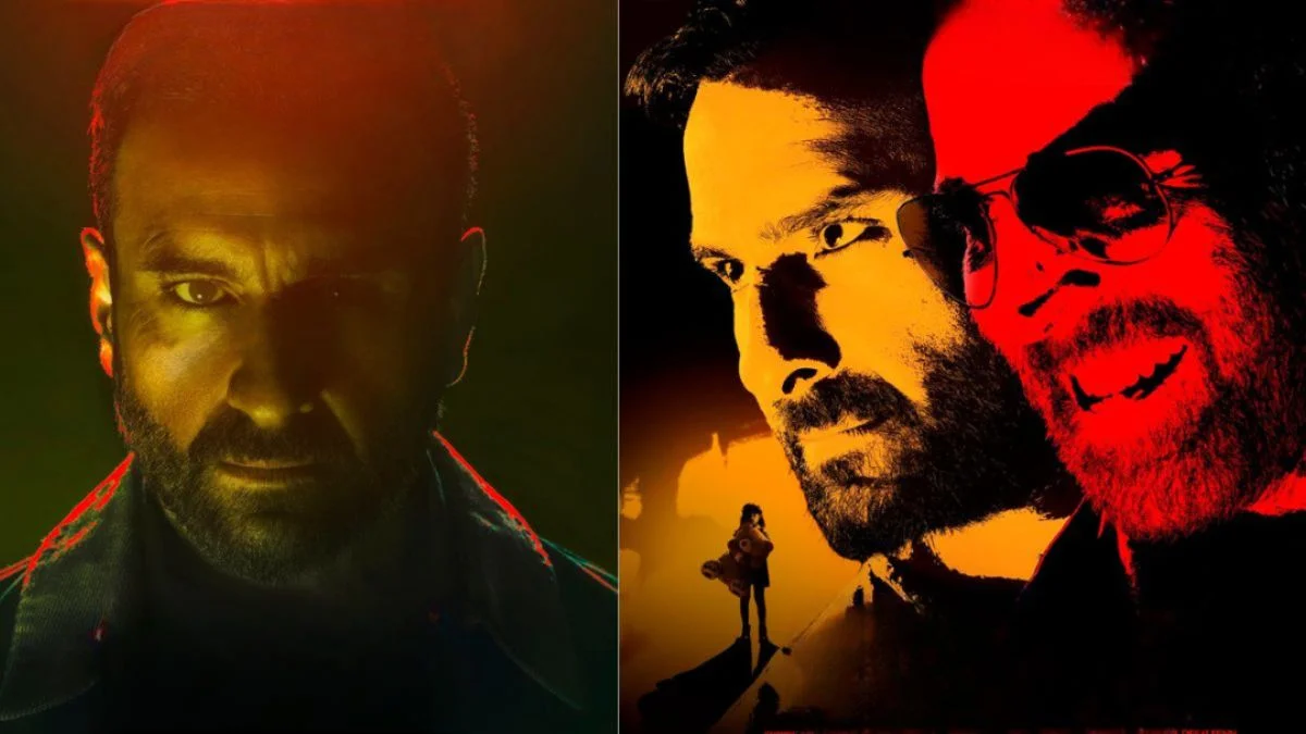 Gritty first-look character posters of Akshay Kumar in a sinister red hue and Saif Ali Khan as a blind character in soft warm lighting for the movie Haiwaan.