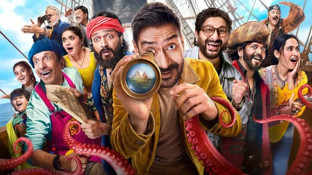 Official movie poster of Dhamaal 4 starring Ajay Devgn, Arshad Warsi, and Riteish Deshmukh.