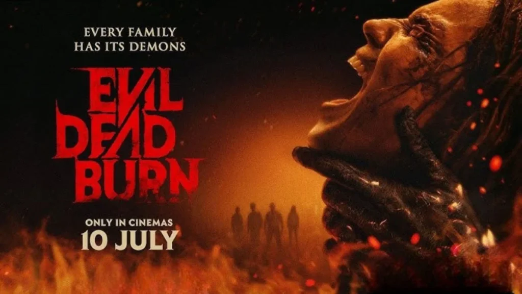A terrifying scene from the horror movie Evil Dead Burn releasing in theatres.