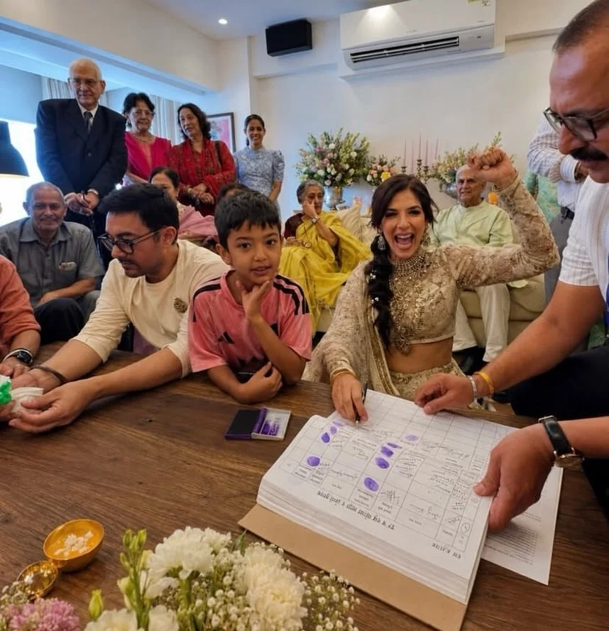 Gauri Spratt smiling elegantly in her ivory Sabyasachi wedding attire next to Aamir Khan in 2026