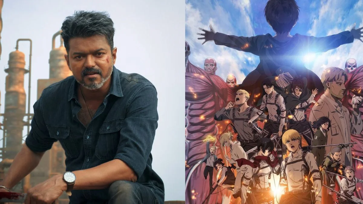 Thalapathy Vijay Jana Nayagan and Attack on Titan movie release posters collage