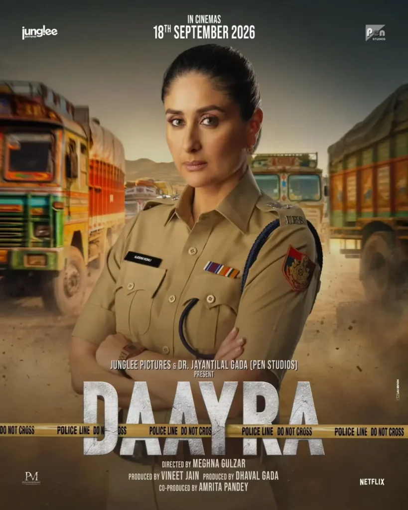 Official promotional graphic of Meghna Gulzar crime drama Daayra starring Kareena Kapoor Khan and Prithviraj Sukumaran.